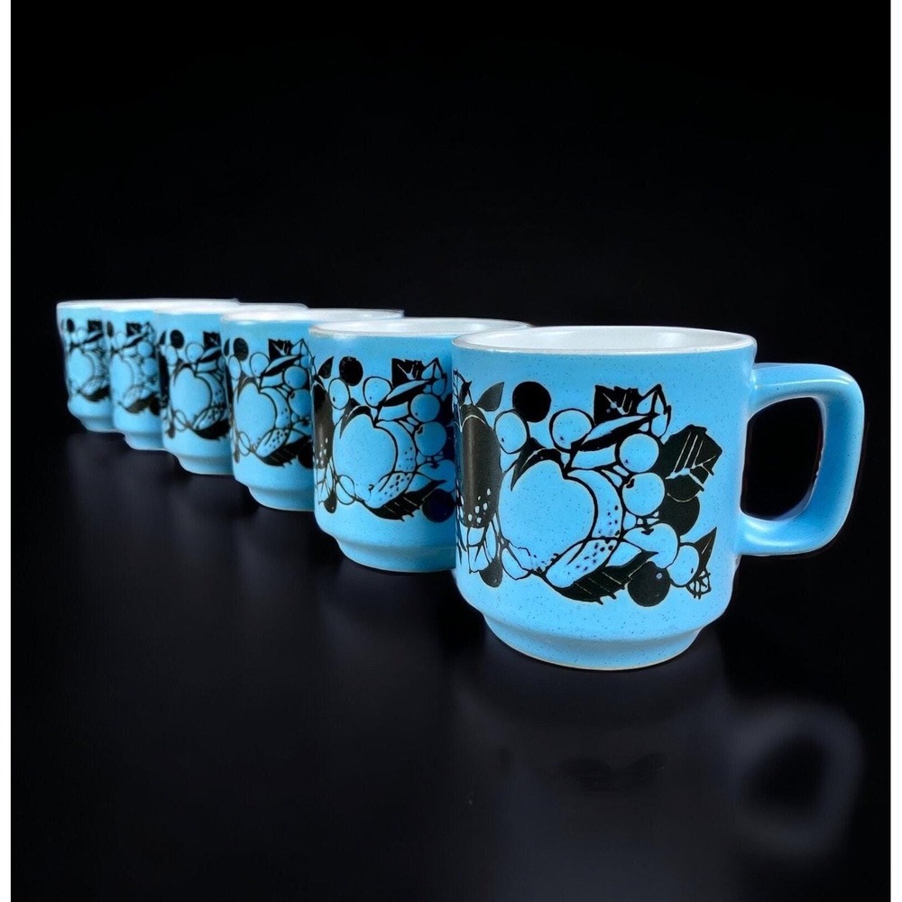 6 Vintage Robin Egg Blue Stoneware Coffee Mugs Embossed Fruit White Interior